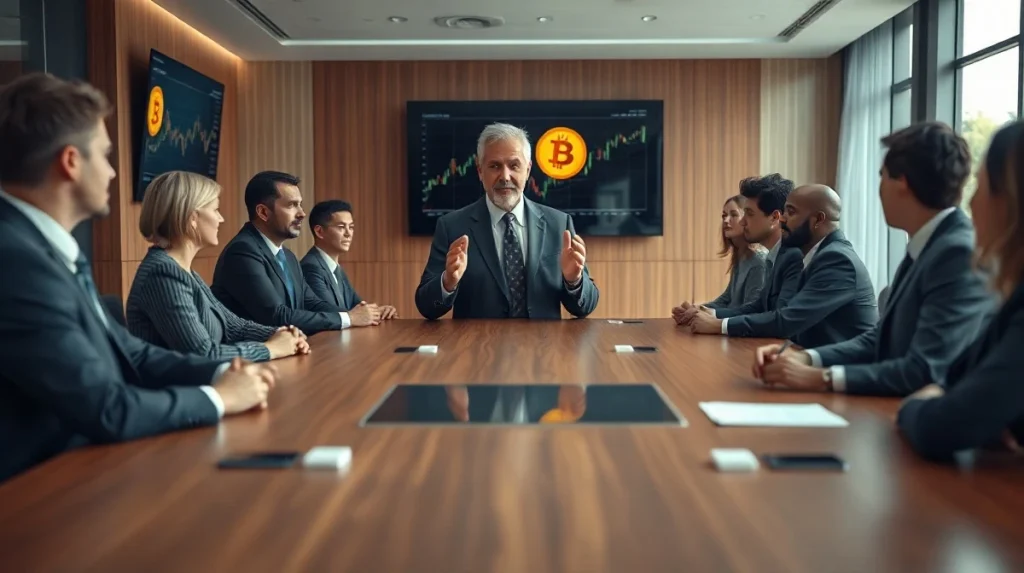 Business executives in a boardroom discussing Bitcoin adoption with digital charts on screen