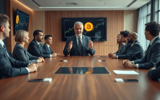 Business executives in a boardroom discussing Bitcoin adoption with digital charts on screen