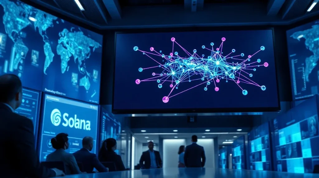 A futuristic control room with a digital screen showing the Solana blockchain network and a MoneyGram interface for stablecoin payments.