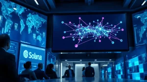 A futuristic control room with a digital screen showing the Solana blockchain network and a MoneyGram interface for stablecoin payments.