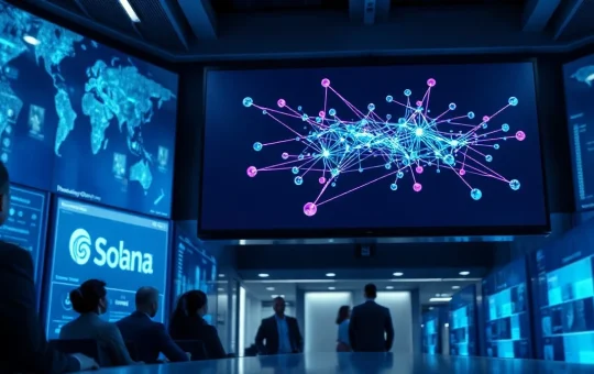 A futuristic control room with a digital screen showing the Solana blockchain network and a MoneyGram interface for stablecoin payments.