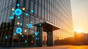 Modern financial office building with digital blockchain overlay representing Moody's on Solana integration