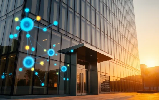 Modern financial office building with digital blockchain overlay representing Moody's on Solana integration