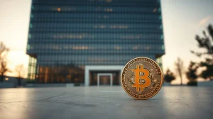 Corporate building exterior with a Bitcoin coin in foreground, symbolizing Strategy's stock valuation gap.