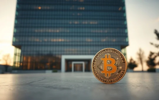 Corporate building exterior with a Bitcoin coin in foreground, symbolizing Strategy's stock valuation gap.