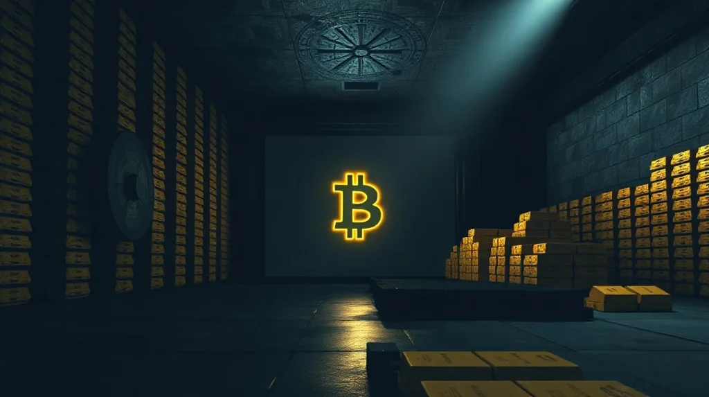 Bitcoin symbol projected inside a dimly lit bank vault, representing Mt. Gox holdings.