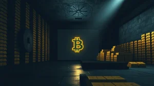 Bitcoin symbol projected inside a dimly lit bank vault, representing Mt. Gox holdings.