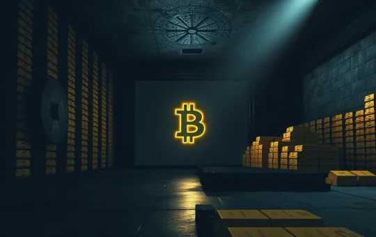 Bitcoin symbol projected inside a dimly lit bank vault, representing Mt. Gox holdings.