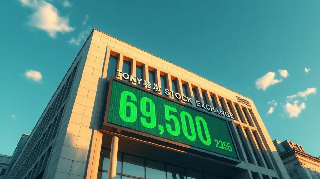Tokyo Stock Exchange building with digital display showing Nikkei 225 at 69,500