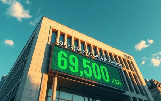 Tokyo Stock Exchange building with digital display showing Nikkei 225 at 69,500
