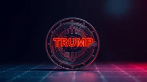 Official Trump token coin glowing against a dark background with red and blue lighting.
