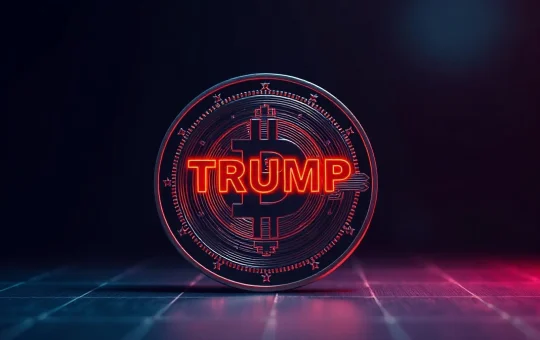 Official Trump token coin glowing against a dark background with red and blue lighting.