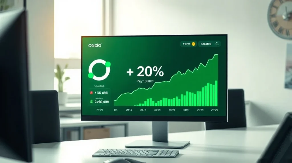 ONDO price chart showing a 20% surge on a digital trading dashboard with a Chainlink integration icon.