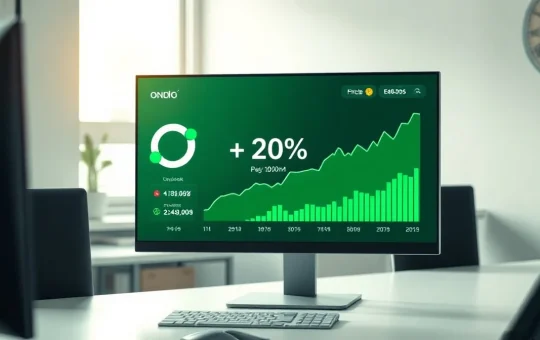 ONDO price chart showing a 20% surge on a digital trading dashboard with a Chainlink integration icon.