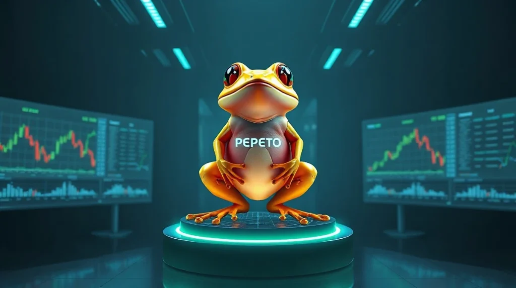 Pepeto frog mascot on digital pedestal with crypto charts in background