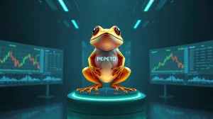 Pepeto frog mascot on digital pedestal with crypto charts in background