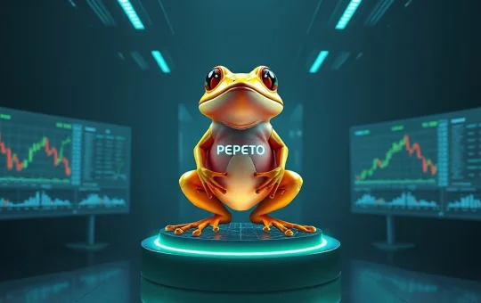 Pepeto frog mascot on digital pedestal with crypto charts in background