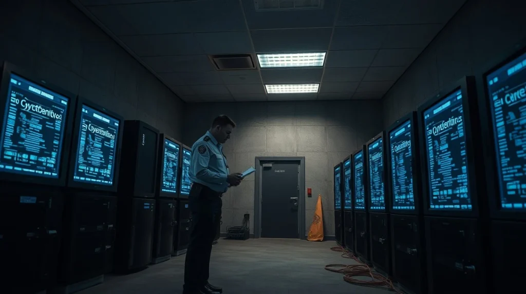 Polish police evidence room with seized servers and cryptocurrency screens under blue light