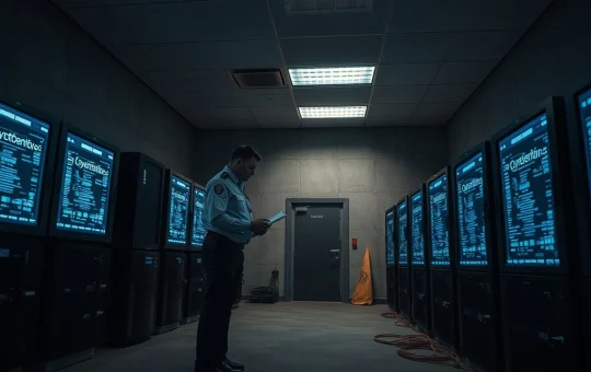 Polish police evidence room with seized servers and cryptocurrency screens under blue light