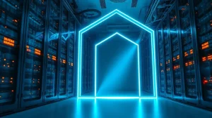 A glowing blue digital portal in a modern data center, representing the PORTAL token's AI-focused pivot.