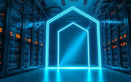 A glowing blue digital portal in a modern data center, representing the PORTAL token's AI-focused pivot.