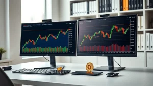 Dual monitors showing gold and Bitcoin price charts with physical gold bar and Bitcoin coin on desk
