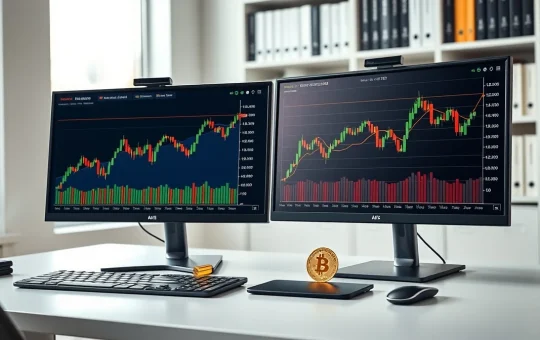 Dual monitors showing gold and Bitcoin price charts with physical gold bar and Bitcoin coin on desk
