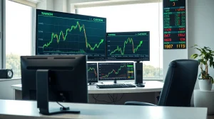 Trading desk monitors showing RAIN, Canton, and Velvet Eye price charts with green candles and upward trends.