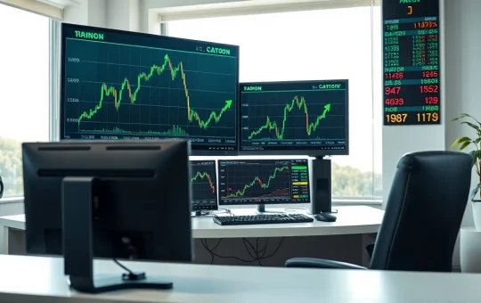 Trading desk monitors showing RAIN, Canton, and Velvet Eye price charts with green candles and upward trends.