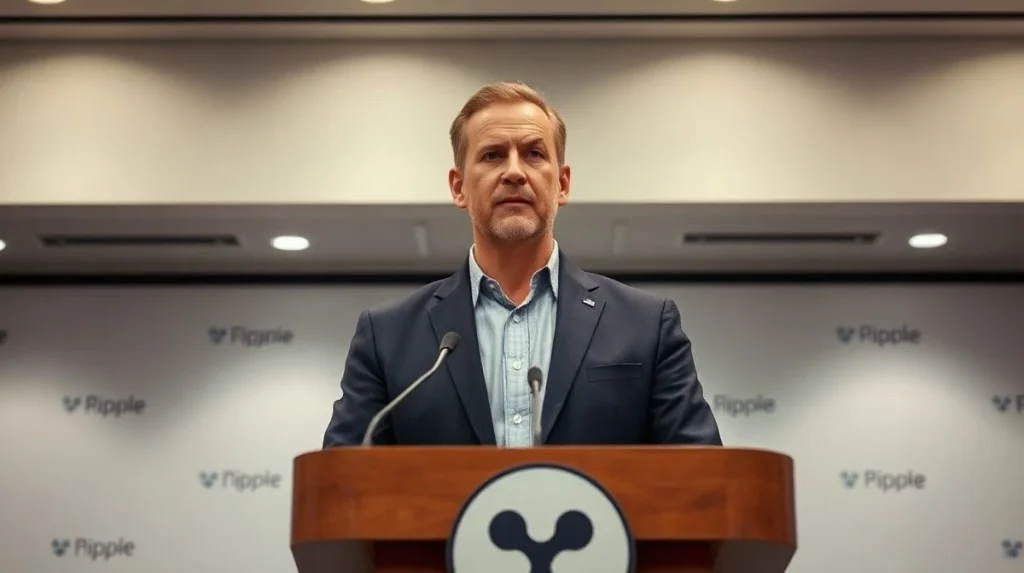 Ripple CEO Brad Garlinghouse speaking at a press conference about crypto regulation