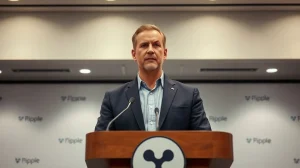 Ripple CEO Brad Garlinghouse speaking at a press conference about crypto regulation