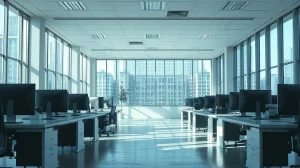 Empty corporate office with desks and monitors after Robinhood layoffs