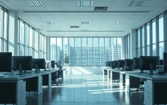 Empty corporate office with desks and monitors after Robinhood layoffs