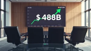 Strategy's Bitcoin reserves exceed debt by $48 billion in a corporate boardroom with a digital price chart display.