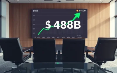 Strategy's Bitcoin reserves exceed debt by $48 billion in a corporate boardroom with a digital price chart display.