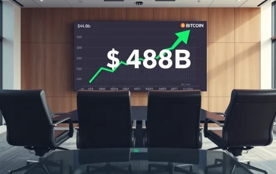 Strategy's Bitcoin reserves exceed debt by $48 billion in a corporate boardroom with a digital price chart display.
