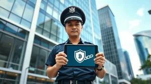Singapore Police officer with tablet displaying blockchain security icon in financial district