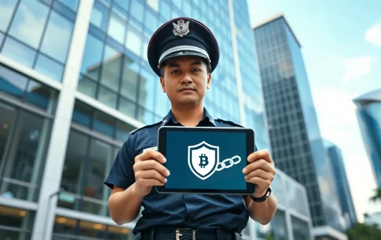 Singapore Police officer with tablet displaying blockchain security icon in financial district
