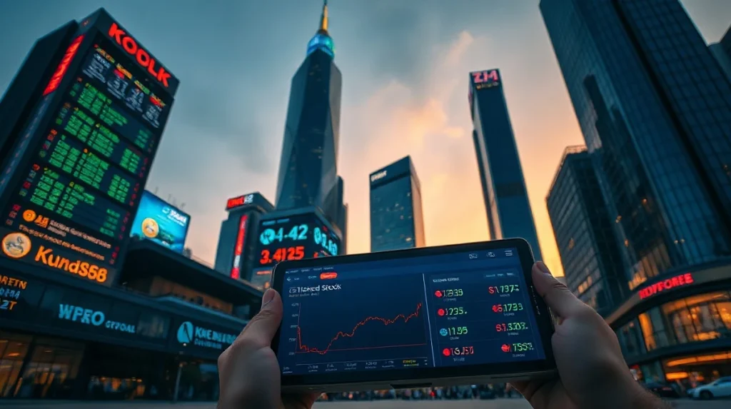 South Korean financial district skyline at dusk with digital screens showing stock and crypto data, representing tokenized stock taxation.