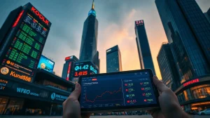 South Korean financial district skyline at dusk with digital screens showing stock and crypto data, representing tokenized stock taxation.