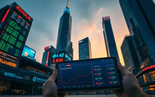 South Korean financial district skyline at dusk with digital screens showing stock and crypto data, representing tokenized stock taxation.