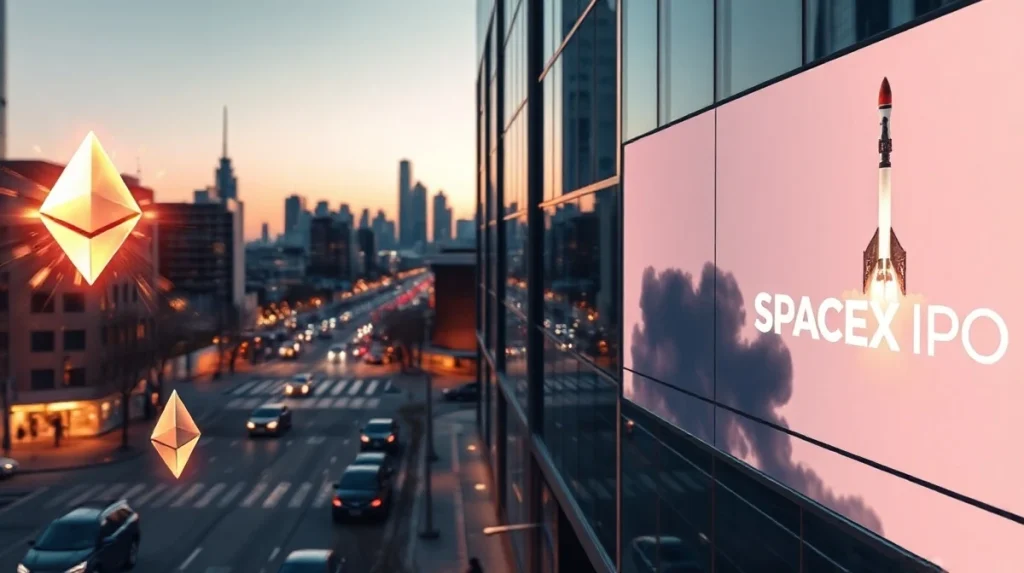 City skyline at dusk with cryptocurrency symbols and SpaceX IPO imagery, representing financial market dynamics.
