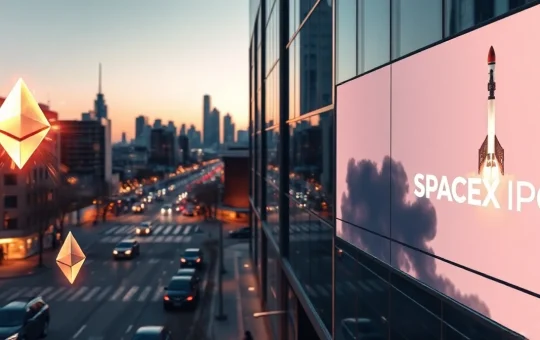 City skyline at dusk with cryptocurrency symbols and SpaceX IPO imagery, representing financial market dynamics.