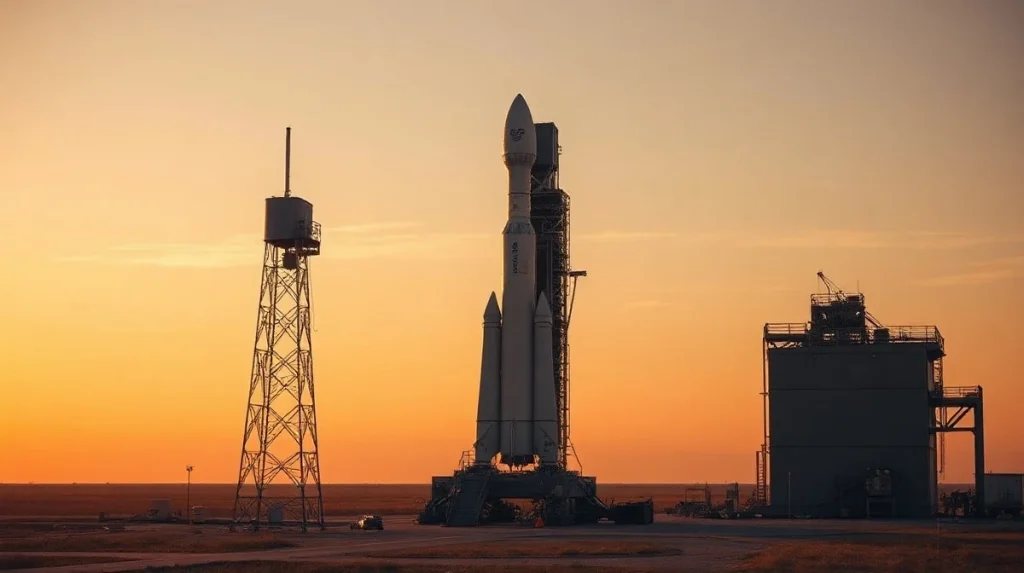 SpaceX Falcon 9 rocket on launch pad at Cape Canaveral during golden hour