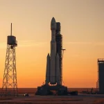 SpaceX Falcon 9 rocket on launch pad at Cape Canaveral during golden hour