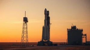SpaceX Falcon 9 rocket on launch pad at Cape Canaveral during golden hour