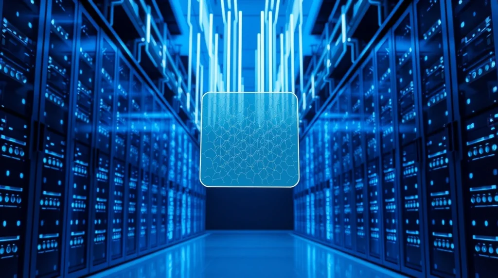 Futuristic data center with holographic ledger symbolizing AI training data provenance