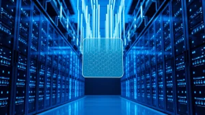 Futuristic data center with holographic ledger symbolizing AI training data provenance