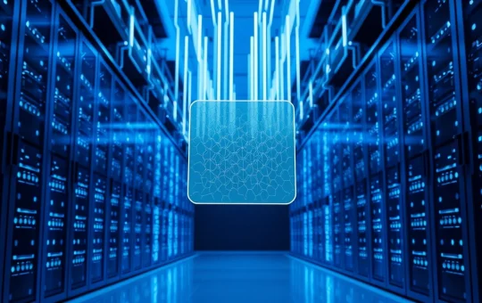 Futuristic data center with holographic ledger symbolizing AI training data provenance