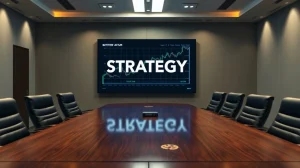 Corporate boardroom with a digital screen showing a Bitcoin chart and the word Strategy